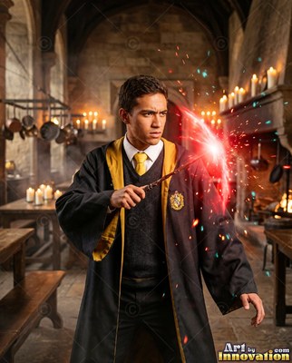 A youthful man casts with a wand in a hall, sending out bright red sparks