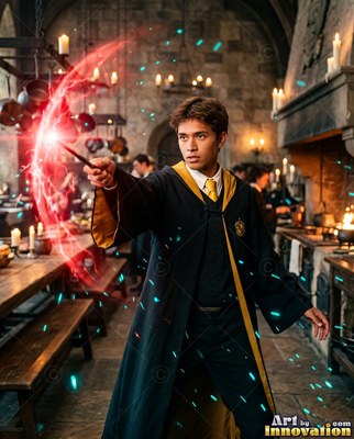 Stepping forward in a stone hall, a man in his youth points a wand with red light