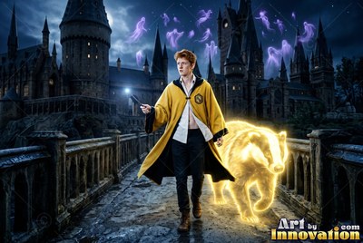 A man in his youth in a yellow robe walks across a stone bridge beside a bright badger