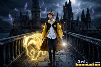On a castle bridge, a red-haired man in yellow walks beside a bright badger
