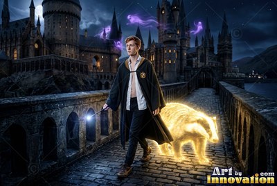 Walking across a stone bridge, a youthful man in dark robes leads a bright yellow badger