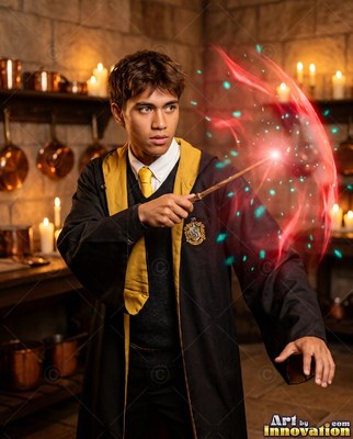A young man in black robes casts red sparks with a wooden wand