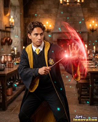 Wearing a yellow-lined robe in a stone dining hall, a man casts red magic from his wand