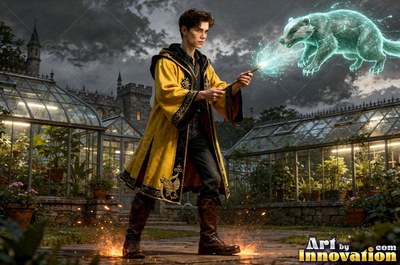 A man in yellow robes casts a spell from his wand, conjuring a bright green badger