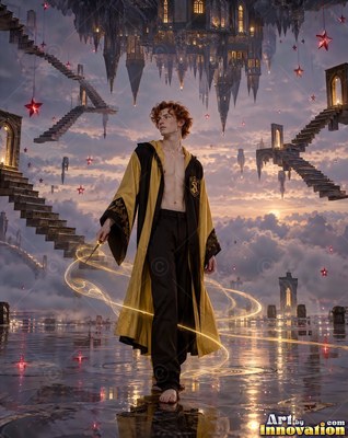 Walking barefoot on water, a man in an open yellow robe casts magic below upside-down stairs