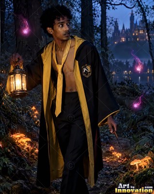 A shirtless man in his youth in an open black and yellow robe walks through dark woods with a lantern