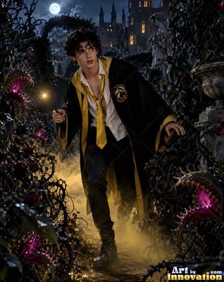 In a dark garden, a man in his youth in black and yellow robes holds a wand at night
