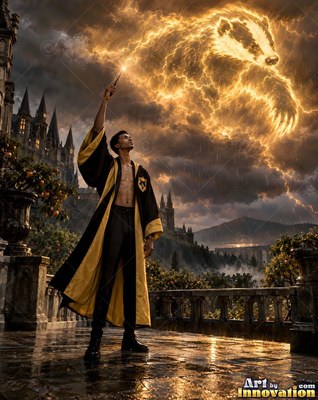 Raising his wand, a man in a black and yellow robe summons a lightning badger in the storm