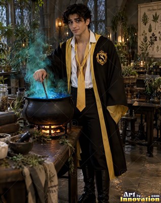 Younger man in a black and yellow robe stirs a blue cauldron