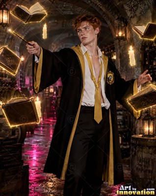 Wearing an unbuttoned shirt and loose yellow tie, a red-haired man casts spells in a stone hall lined with candles