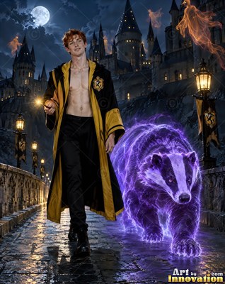 A shirtless man walks a stone bridge beside a purple badger under warm lamplight