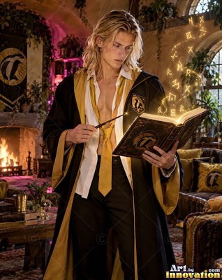 Standing in a stone room, a blond man reads from an open spell book with his wand raised