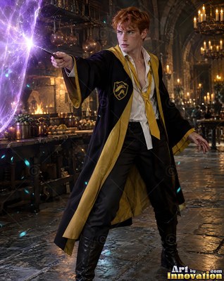 A red-haired man in a black and yellow robe casts a bright purple spell inside a castle hall