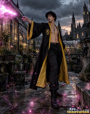 Outside a greenhouse, an open-robed man casts pink sparks from a wand