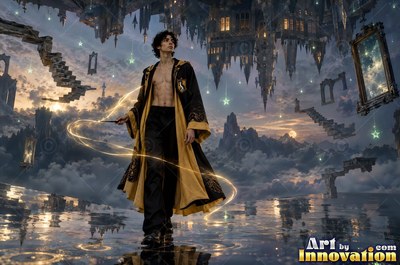 Holding a wand, a shirtless younger man in a black and yellow robe walks across water