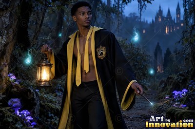 A man in a black and yellow robe holds a lantern in a forest
