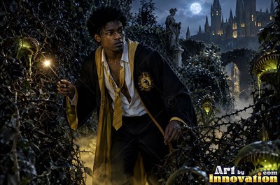 Wearing a loose yellow tie, a youthful man carries a lit wand in dark thorny castle gardens