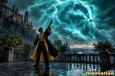 A man in a black and yellow robe raises his wand to summon a giant cyan lightning badger
