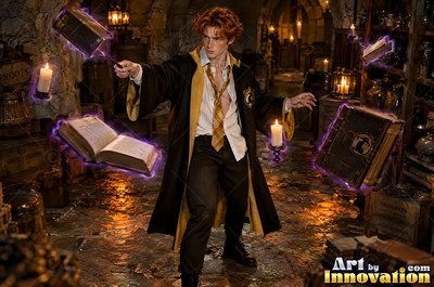 Standing in a stone room, a man raises a wand to float books with purple light
