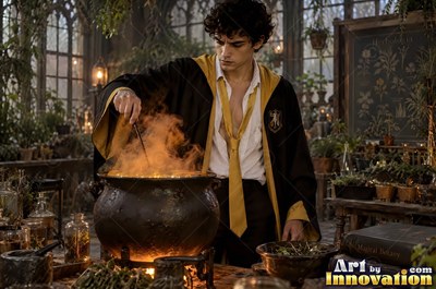 A younger man stirs an orange bubbling cauldron with his wand in a warm greenhouse