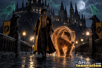 On a stone bridge, a man in an open robe walks beside a fiery badger