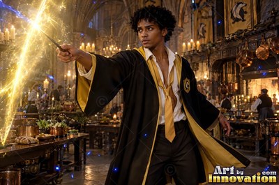 Man in a black and yellow robe pointing his wand in a hall