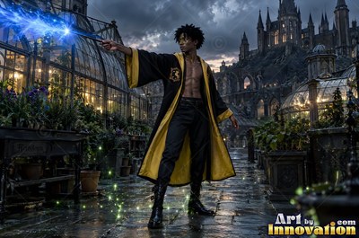 Wearing an open black and yellow robe, a man casts blue light outside stone greenhouses