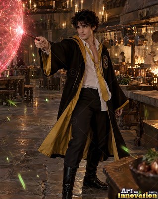 A younger man casts red light from his wand in an old stone kitchen