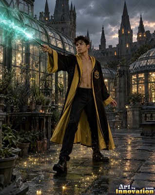 Standing outside glass greenhouses, a man raises a wand of green light