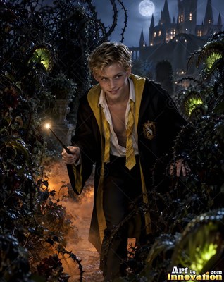 A young man with blond hair in an open black robe holds a wand in a thorny garden at night