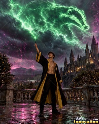 On a castle terrace, a shirtless man casts a green lightning badger into the sky
