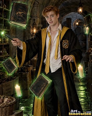 Casting with a wand, a man in his youth in black and yellow robes floats old books in a stone cellar