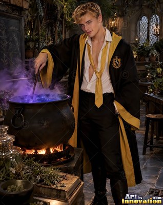 Blond man stirs a bubbling cauldron in a dark room with a wand