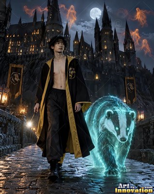 An open yellow-lined robe on a young man walking a blue spirit badger by a castle at night