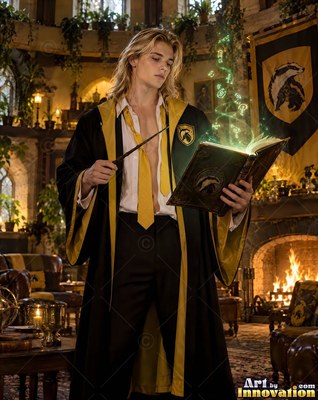 A yellow-haired man reads from an open spellbook by bright green sparks in a cozy room