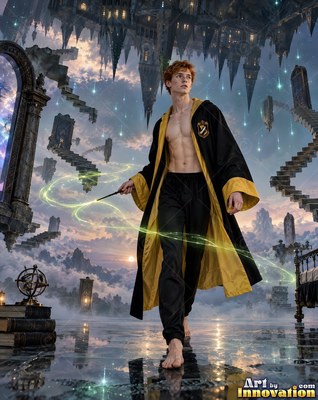 Walking forward in a black and gold robe, a shirtless man casts magic by floating stairs