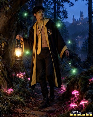 A man in an open black and yellow robe carries a lantern through dark woods