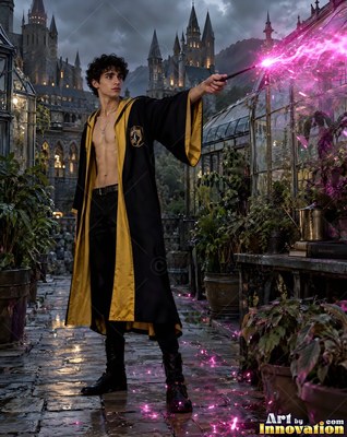 Outside a castle greenhouse, a shirtless man casts pink sparks from his wand