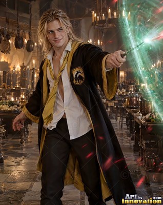 Casting a green spell, a blond man in an open black and yellow robe smiles in a castle hall