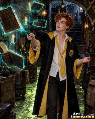 A young man in yellow robes levitates old books with a wand