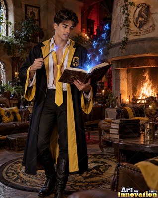 Wearing a yellow tie and robe, a man reads a spellbook by a warm castle fireplace