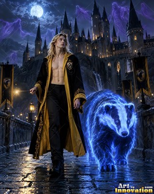 A man walks beside a bright blue badger on a wet stone bridge at night