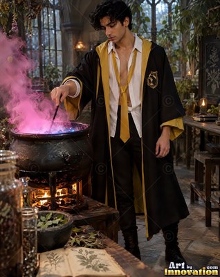 Standing in a greenhouse, a man in robes stirs pink smoke in a cauldron