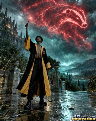 A man in black and yellow robes raises his wand as a red lightning badger forms in the rain sky