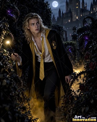 In a dark hedge maze, a young blond-haired man in yellow robes holds a lighted wand