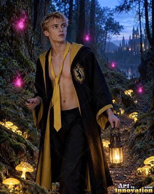 Walking in a dark forest, a bare-chested man in his youth holds a lantern and a wand