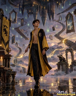 A bare-chested man in his youth in an open yellow robe walking with a wand
