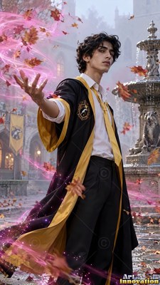 In a yellow-lined black robe, a young man casts pink light by a stone fountain courtyard