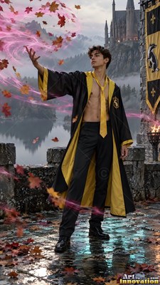 A man in an open robe casts red autumn leaves into the air with bright pink light