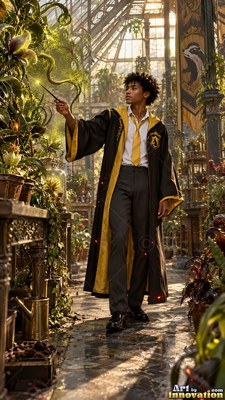 Standing full-length in a greenhouse, a man in his youth points his wand at green vines